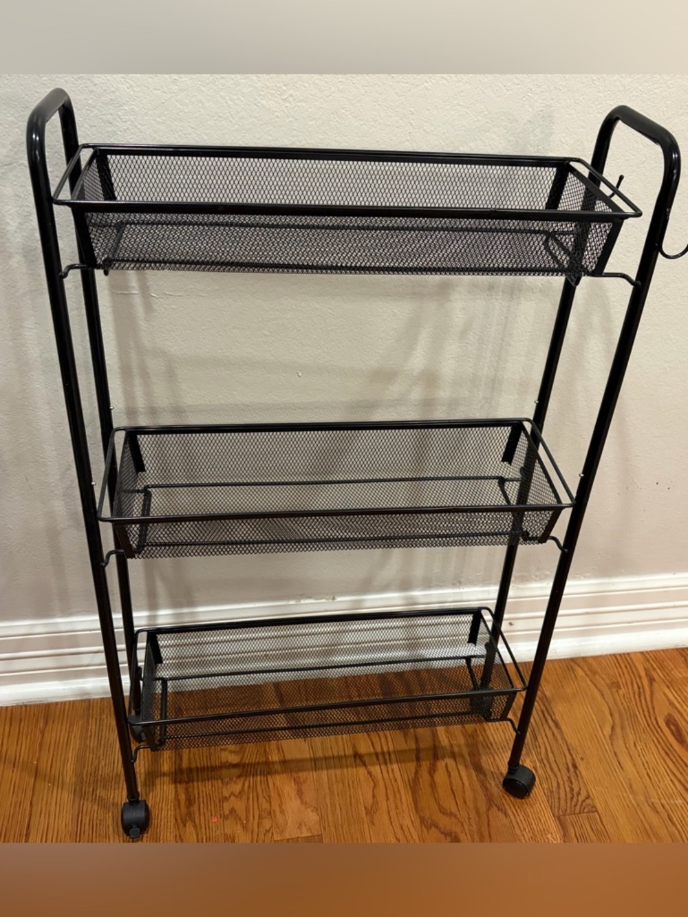 Mainstays Slim 3-Tier Rolling Bathroom Storage Cart with Hooks, Black